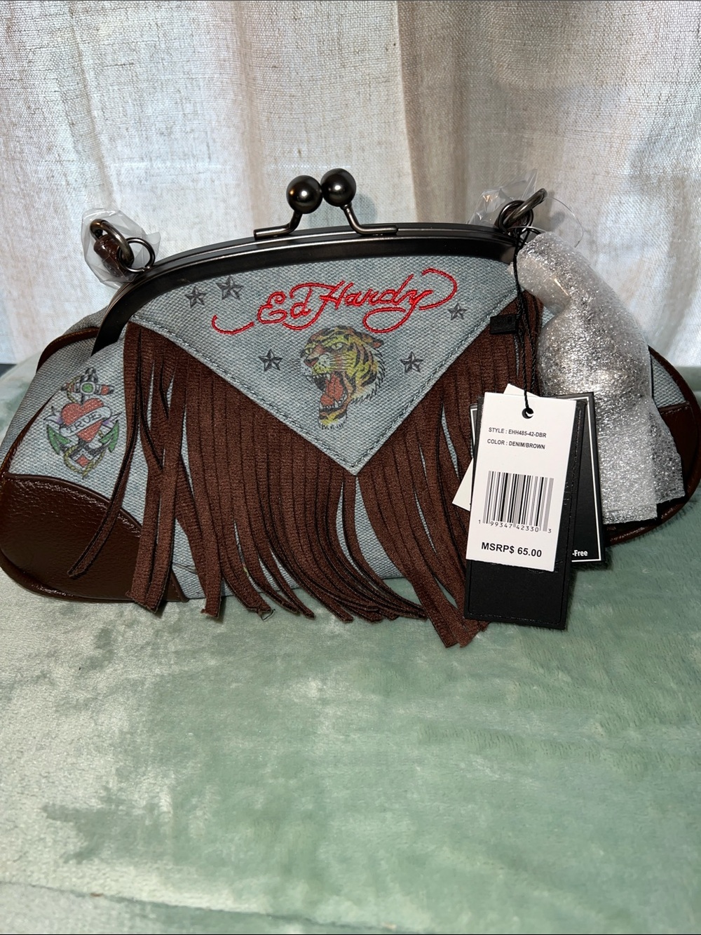 Ed Hardy Brown & Denim Fringed Kiss-Lock Crossbody Bag - Picture 3 of 10